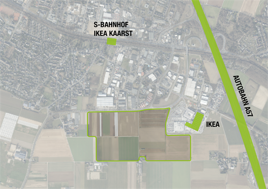Ein Flugbild von Kaarst mit Markierung der genannten Bereiche.