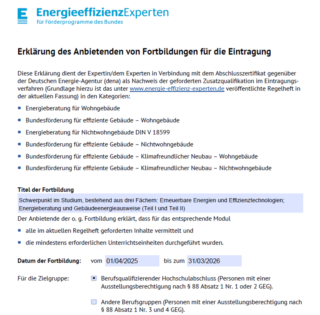 Beispiel eines Energieberatungszertifikats