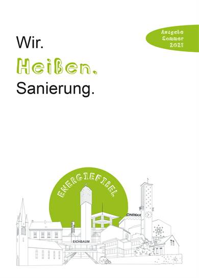 Das Bild zeigt die Stadt Mülheim an der Ruhr als Strichzeichnung mit ihren typischen Sehenswürdigkeiten. Das Bild ist die Titelseite des Stadtteilmagazin "Wir.Heißen.Sanierung" mit dem Titel "Energiefibel" des Stadtteils Mülheim-Heißen.