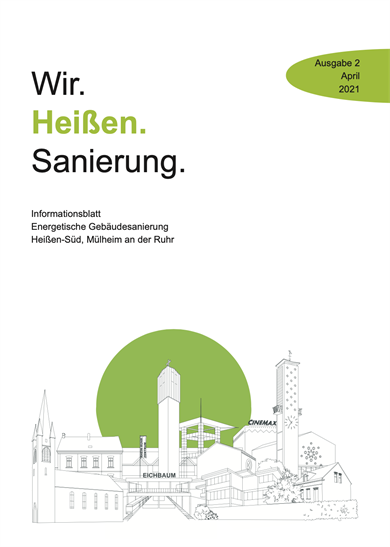 Das Bild zeigt die Stadt Mülheim an der Ruhr als Strichzeichnung mit ihren typischen Sehenswürdigkeiten. Das Bild ist die Titelseite des Stadtteilmagazin "Wir.Heißen.Sanierung" des Stadtteils Mülheim-Heißen.